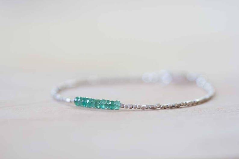 Delicate Emerald Bracelet with Fine Silver, Skinny Karen Hill Tribe Beaded Stacking Bracelet, Sterling Silver Zambian Geniue Emerald Jewelry