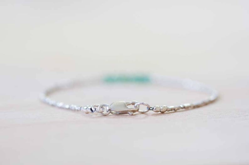 Delicate Emerald Bracelet with Fine Silver, Skinny Karen Hill Tribe Beaded Stacking Bracelet, Sterling Silver Zambian Geniue Emerald Jewelry