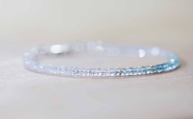 Aquamarine & Moonstone Bracelet, Delicate Shaded Aquamarine Bracelet, Rainbow Moonstone Jewelry, Sterling Silver Rose Gold Fill