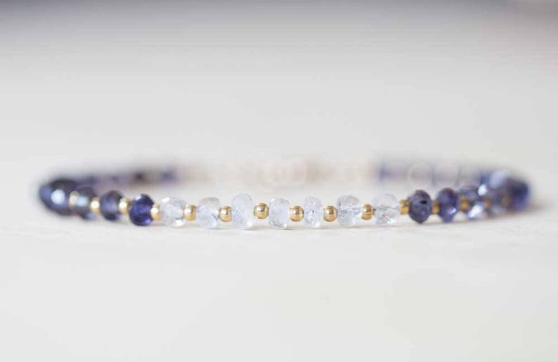 Iolite Bracelet with Rainbow Moonstone, Sterling Silver or Rose Gold Filled, Delicate Blue Gemstone Beaded Bracelet