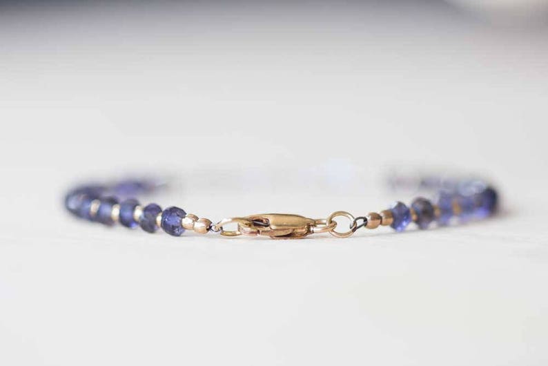 Iolite Bracelet with Rainbow Moonstone, Sterling Silver or Rose Gold Filled, Delicate Blue Gemstone Beaded Bracelet