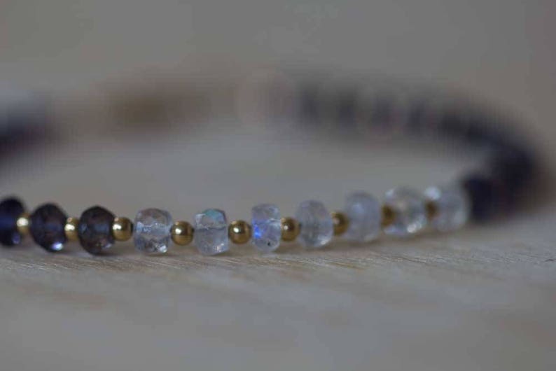 Iolite Bracelet with Rainbow Moonstone, Sterling Silver or Rose Gold Filled, Delicate Blue Gemstone Beaded Bracelet