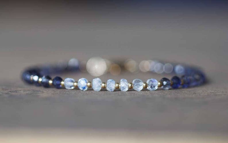 Iolite Bracelet with Rainbow Moonstone, Sterling Silver or Rose Gold Filled, Delicate Blue Gemstone Beaded Bracelet