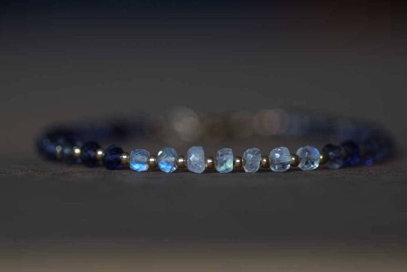 Iolite Bracelet with Rainbow Moonstone, Sterling Silver or Rose Gold Filled, Delicate Blue Gemstone Beaded Bracelet