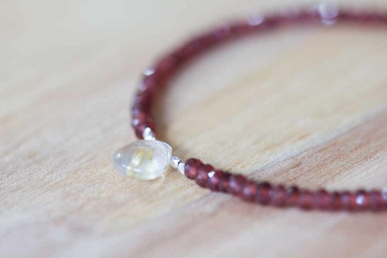 Delicate Red Garnet Bracelet with Golden Rutilated Quartz, Multi Gemstone Beaded Stacking Bracelet, Garnet Jewelry, Red Gemstone Bracelet