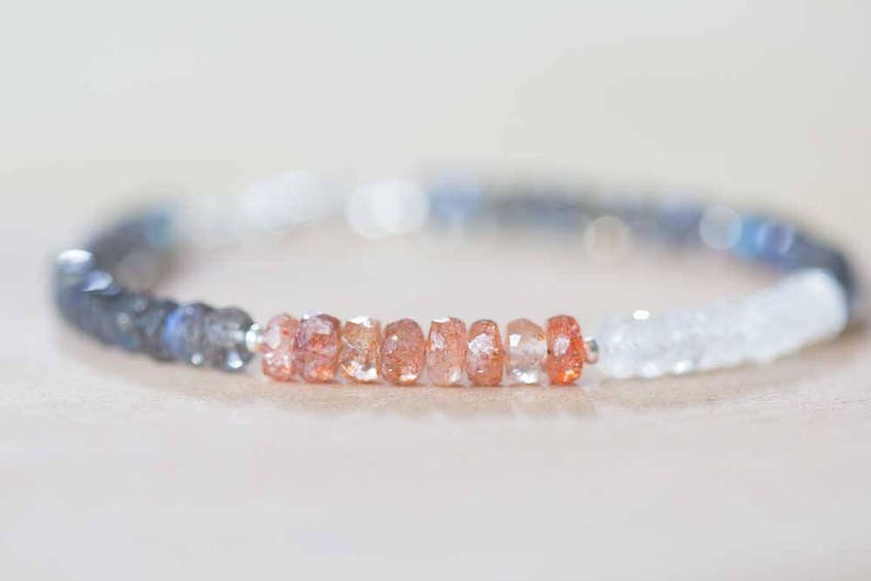 Labradorite, Rainbow Moonstone & Sunstone Bracelet, Labradorite Jewelry, Gemstone Stacking Bracelet, Sterling Silver Rose Gold Filled