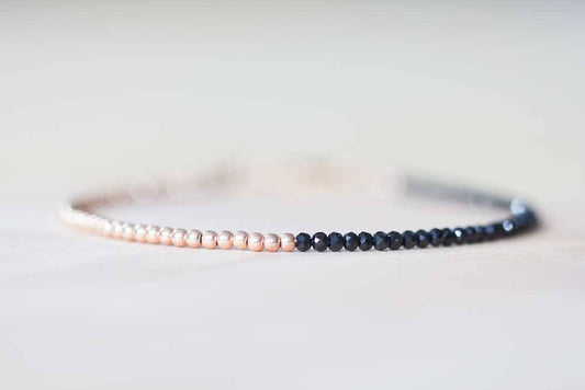 Black Spinel Bracelet, Sterling Silver or Rose Gold Filled, Delicate Black Gemstone Skinny Stacking Bracelet, Tiny Faceted Beads Jewelry