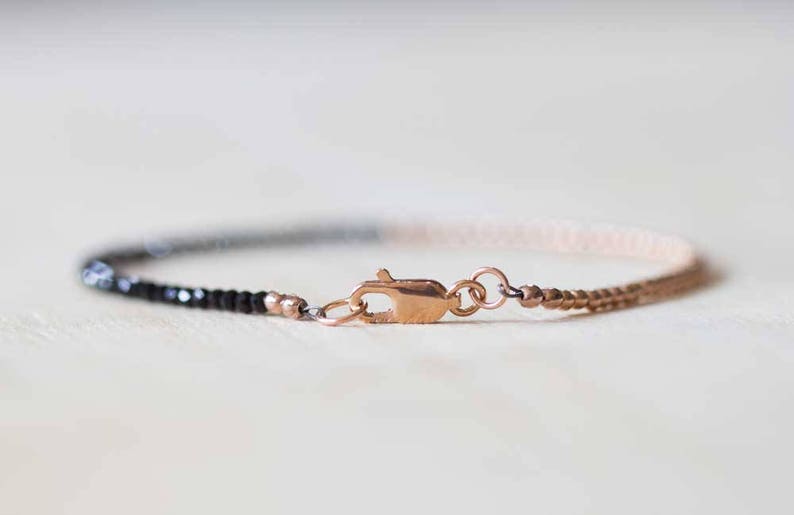 Black Spinel Bracelet, Sterling Silver or Rose Gold Filled, Delicate Black Gemstone Skinny Stacking Bracelet, Tiny Faceted Beads Jewelry