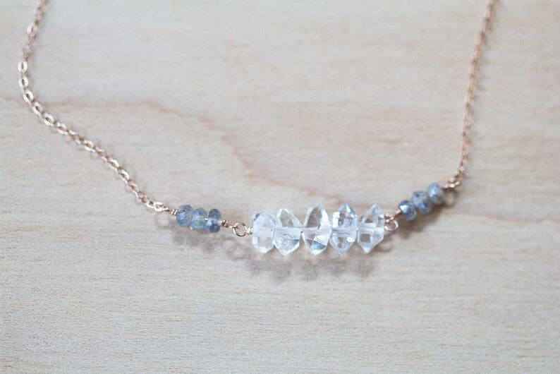 Delicate Quartz Crystal Necklace on Rose Gold Filled or Sterling Silver Chain, Herkimer Diamond Type Crystal Necklace, April Birthstone