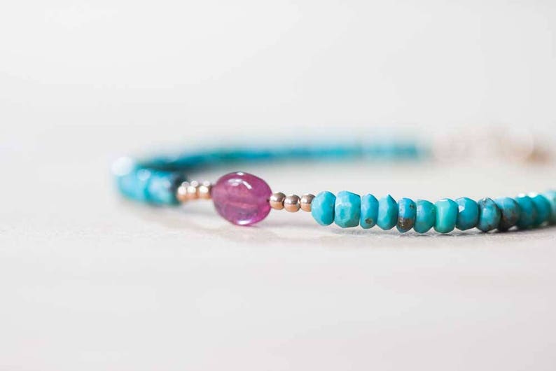 Sleeping Beauty Turquoise Bracelet with Pink Sapphire, Delicate Beaded Gemstone Jewelry, Genuine Turquoise Sterling Silver Rose Gold Fill