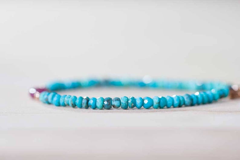 Sleeping Beauty Turquoise Bracelet with Pink Sapphire, Delicate Beaded Gemstone Jewelry, Genuine Turquoise Sterling Silver Rose Gold Fill