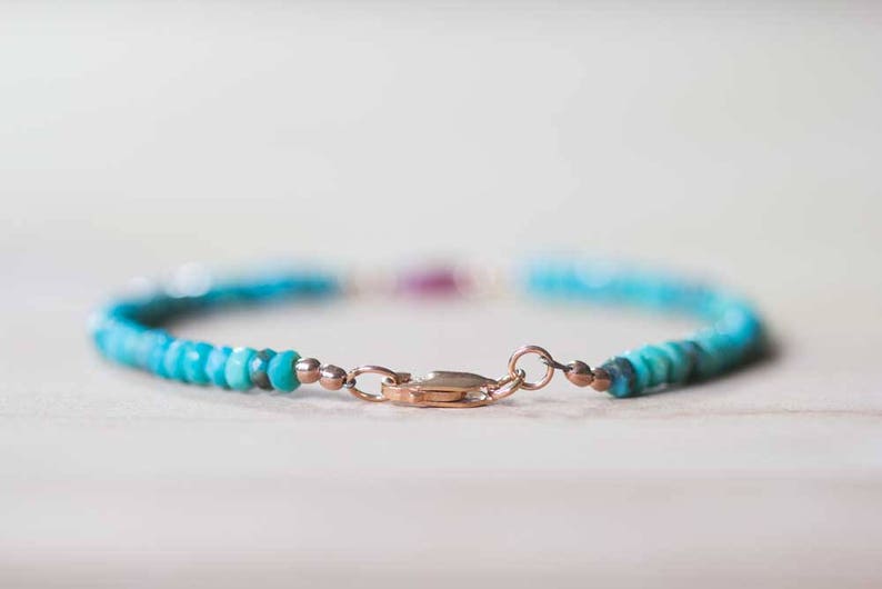 Sleeping Beauty Turquoise Bracelet with Pink Sapphire, Delicate Beaded Gemstone Jewelry, Genuine Turquoise Sterling Silver Rose Gold Fill