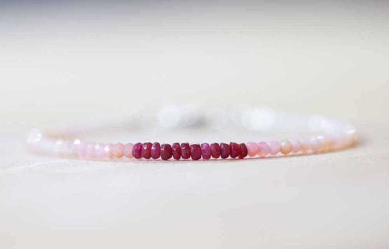 Pink Opal & Ruby Bracelet, Delicate Beaded Multi Gemstone Bracelet, Red and Pink Genuine Gemstone Jewelry, October July Birthstone