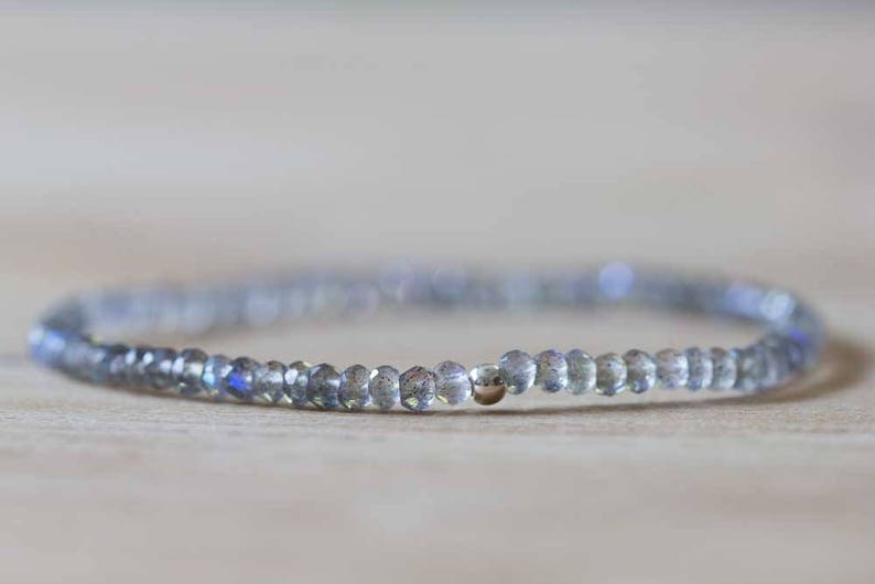 Labradorite Bracelet, Delicate Beaded Labradorite Jewelry, Elastic Stacking Stretch Bracelet, Blue Flash Gemstone, Faceted Small Beads