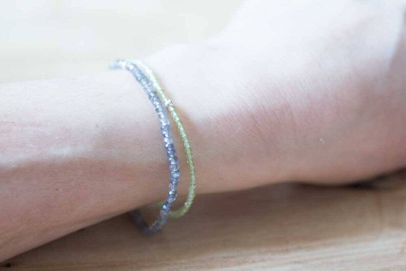 Peridot Stretch Bracelet, Ultra Delicate Beaded Peridot Elastic Jewelry, August Birthstone, Single or Double or Triple Wrap