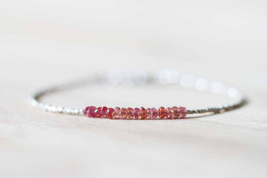 Ultra Delicate Fine Silver Bracelet with Padparadscha Sapphire, Skinny Karen Hill Tribe Beaded Stacking Bracelet, Sterling Silver Jewelry