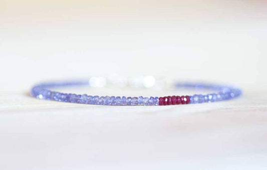 Tanzanite Bracelet with Ruby, Delicate Multi Gemstone Stacking Skinny Bracelet, Tanzanite Jewelry, December July Birthstone, Genuine Ruby