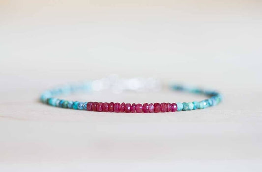 Dainty Turquoise & Ruby Bracelet, Delicate Beaded Multi Gemstone Jewelry, December July Genuine Birthstone