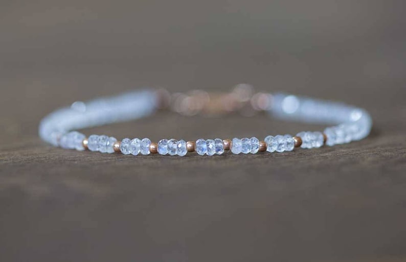 Moonstone Bracelet with Rose Gold Filled or Sterling Silver, Beaded Rainbow Moonstone Jewelry, White Gemstone Stacking, June Birthstone