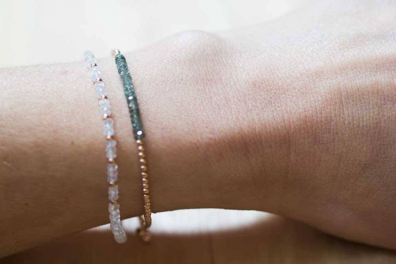 Moonstone Bracelet with Rose Gold Filled or Sterling Silver, Beaded Rainbow Moonstone Jewelry, White Gemstone Stacking, June Birthstone