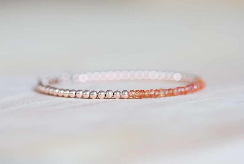 Padparadscha Bracelet with Rose Gold Filled or Sterling Silver, Delicate Orange Sapphire Bracelet, Beaded Genuine Sapphire Jewelry