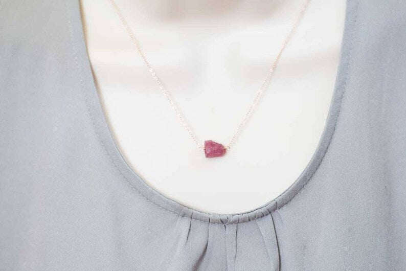 Rough Pink Tourmaline Necklace on Sterling Silver or Rose Gold Filled, Delicate October Birthstone Raw Crystal Jewelry
