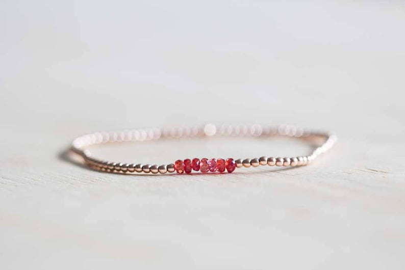 Padparadscha Stretch Bracelet with Rose Gold Fill or Sterling Silver, Delicate Beaded Red Sapphire Elastic Jewelry