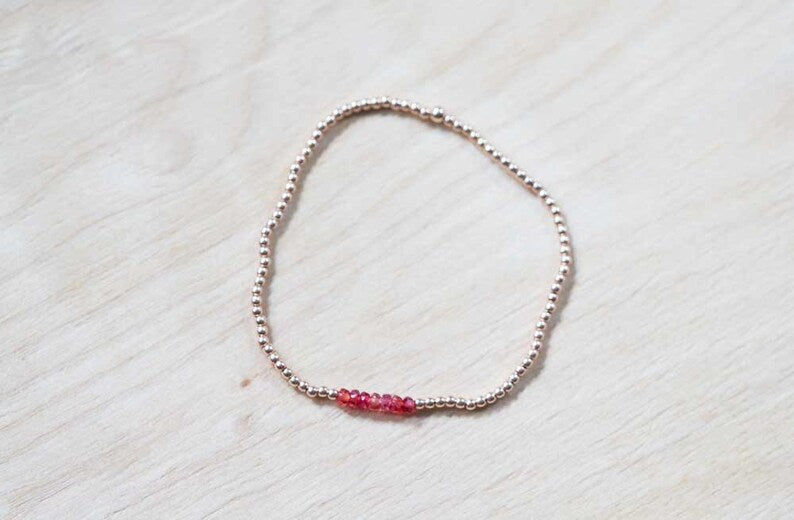 Padparadscha Stretch Bracelet with Rose Gold Fill or Sterling Silver, Delicate Beaded Red Sapphire Elastic Jewelry