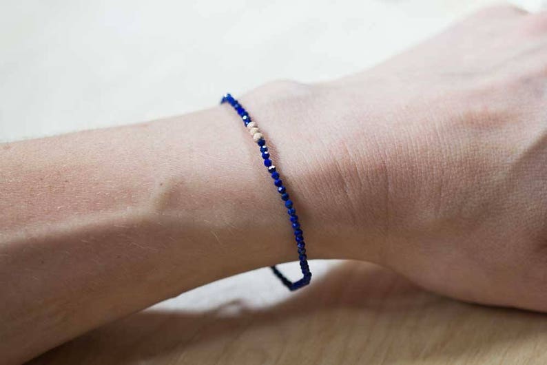 Lapis Stretch Bracelet, Delicate Beaded Lapis Lazuli Jewelry, Blue Gemstone Elastic Stacking Bracelet