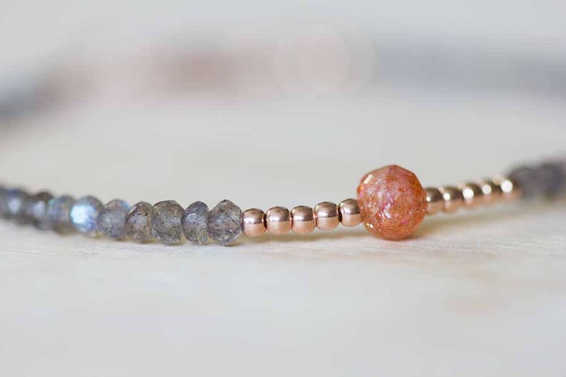 Labradorite Bracelet with Sunstone, Rose Gold Fill or Sterling Silver, Delicate Multi Gemstone Stacking Skinny Bracelet, Sunstone Jewelry