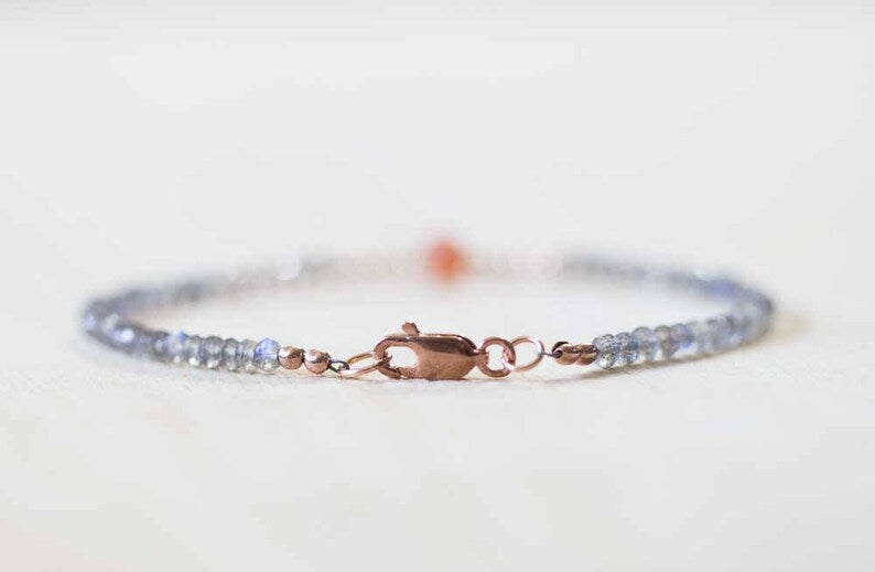 Labradorite Bracelet with Sunstone, Rose Gold Fill or Sterling Silver, Delicate Multi Gemstone Stacking Skinny Bracelet, Sunstone Jewelry