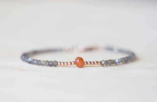 Labradorite Bracelet with Sunstone, Rose Gold Fill or Sterling Silver, Delicate Multi Gemstone Stacking Skinny Bracelet, Sunstone Jewelry