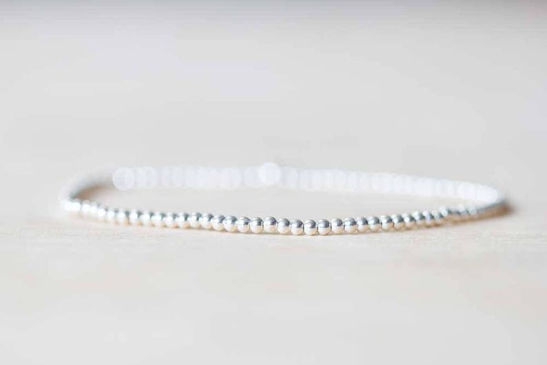 Sterling Silver Beaded Bracelet, Skinny Delicate Bracelet, Sterling Silver Stacking Minimal Jewelry, 2mm or 3mm Beads, Stretch Elastic