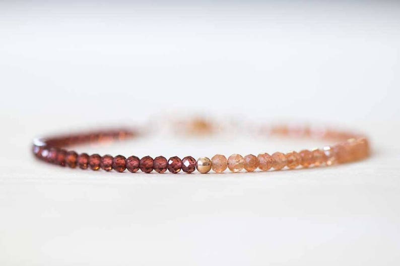 Sunstone & Garnet Bracelet, Dainty Beaded Stacking Red Garnet Jewelry, Rose Gold Fill or Sterling Silver