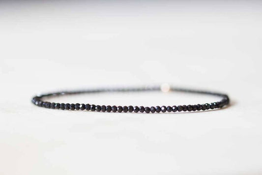 Black Spinel Stretch Bracelet, Ultra Delicate Faceted Tiny Beads Gemstone Jewelry, Elastic Stacking Bracelet, Simple Minimal