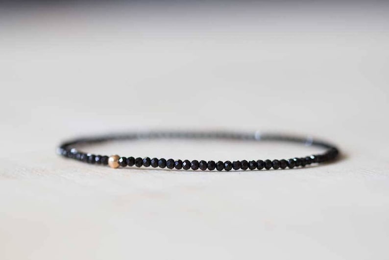 Black Spinel Stretch Bracelet, Ultra Delicate Faceted Tiny Beads Gemstone Jewelry, Elastic Stacking Bracelet, Simple Minimal
