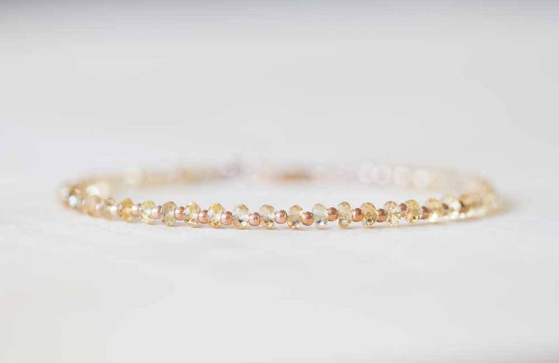 Citrine Bracelet with Rose Gold Fill or Sterling Silver, Delicate Gemstone Beaded Stacking Bracelet, Citrine Jewelry, November Birthstone