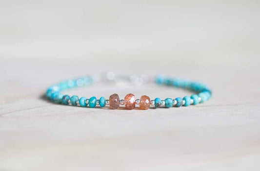 Sleeping Beauty Turquoise Bracelet with Sunstone, Delicate Beaded Genuine Multi Gemstone Jewelry, Sterling Silver Rose Gold Fill