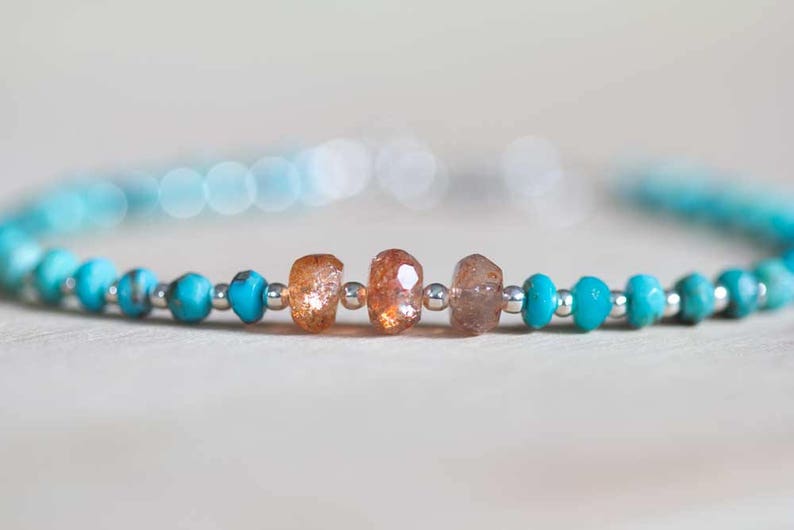 Sleeping Beauty Turquoise Bracelet with Sunstone, Delicate Beaded Genuine Multi Gemstone Jewelry, Sterling Silver Rose Gold Fill