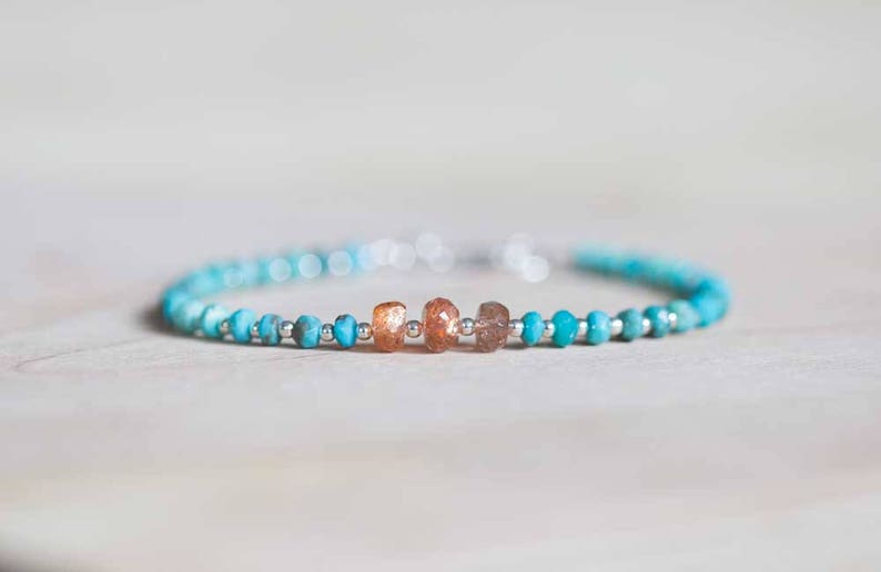 Sleeping Beauty Turquoise Bracelet with Sunstone, Delicate Beaded Genuine Multi Gemstone Jewelry, Sterling Silver Rose Gold Fill