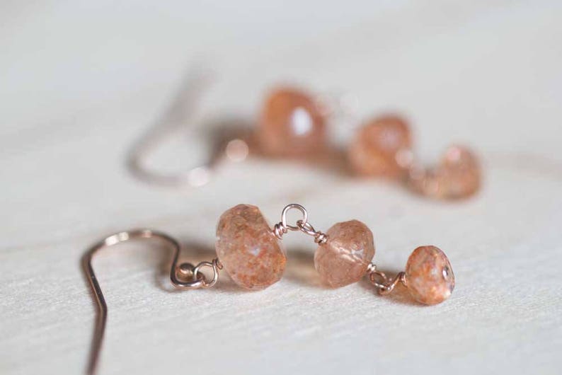 Sunstone Earrings with Rose Gold Fill or Sterling Silver, Delicate Orange Gemstone Dangle Earrings, Faceted Rondelle Sunstone Jewelry