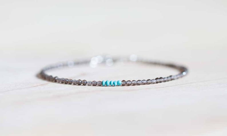 Smoky Quartz Bracelet with Turquoise, Ultra Delicate Beaded Gemstone Bracelet, Smokey Quartz Jewelry, Rose Gold Fill or Sterling Silver