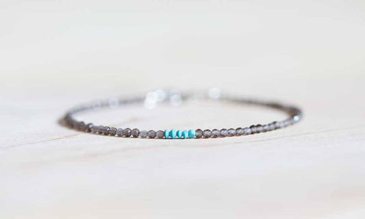 Smoky Quartz Bracelet with Turquoise, Ultra Delicate Beaded Gemstone Bracelet, Smokey Quartz Jewelry, Rose Gold Fill or Sterling Silver
