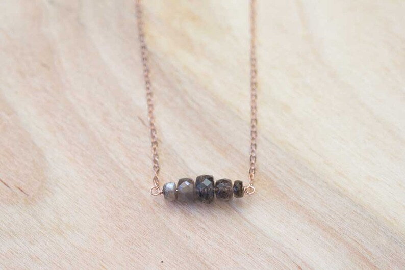 Gray Moonstone Bar Necklace on Oxidized Sterling, Sterling Silver, Yellow or Rose Gold Filled Chain, Delicate Gemstone Layering Jewelry
