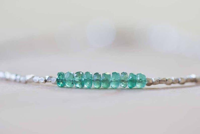 Delicate Emerald Bracelet with Fine Silver, Skinny Karen Hill Tribe Beaded Stacking Bracelet, Sterling Silver Zambian Geniue Emerald Jewelry