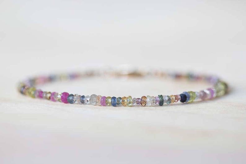 Multi Color Sapphire Bracelet, Rose Gold Fill or Sterling Silver, Delicate Beaded September Birthstone Jewelry