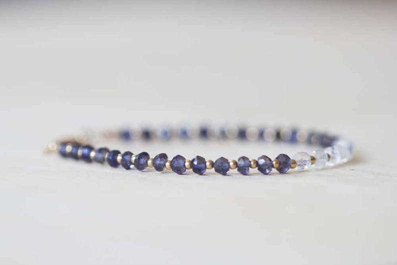 Iolite Bracelet with Rainbow Moonstone, Sterling Silver or Rose Gold Filled, Delicate Blue Gemstone Beaded Bracelet