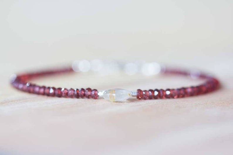 Delicate Red Garnet Bracelet with Golden Rutilated Quartz, Multi Gemstone Beaded Stacking Bracelet, Garnet Jewelry, Red Gemstone Bracelet