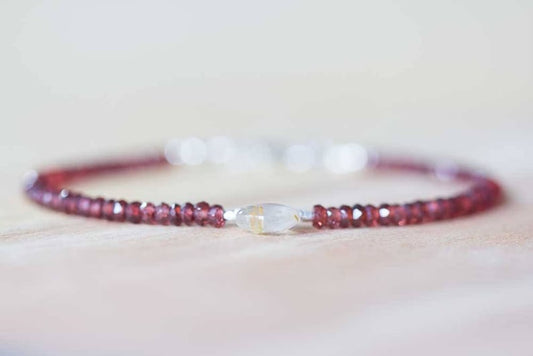 Delicate Red Garnet Bracelet with Golden Rutilated Quartz, Multi Gemstone Beaded Stacking Bracelet, Garnet Jewelry, Red Gemstone Bracelet