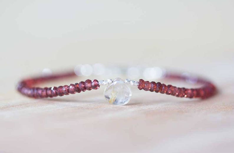Delicate Red Garnet Bracelet with Golden Rutilated Quartz, Multi Gemstone Beaded Stacking Bracelet, Garnet Jewelry, Red Gemstone Bracelet